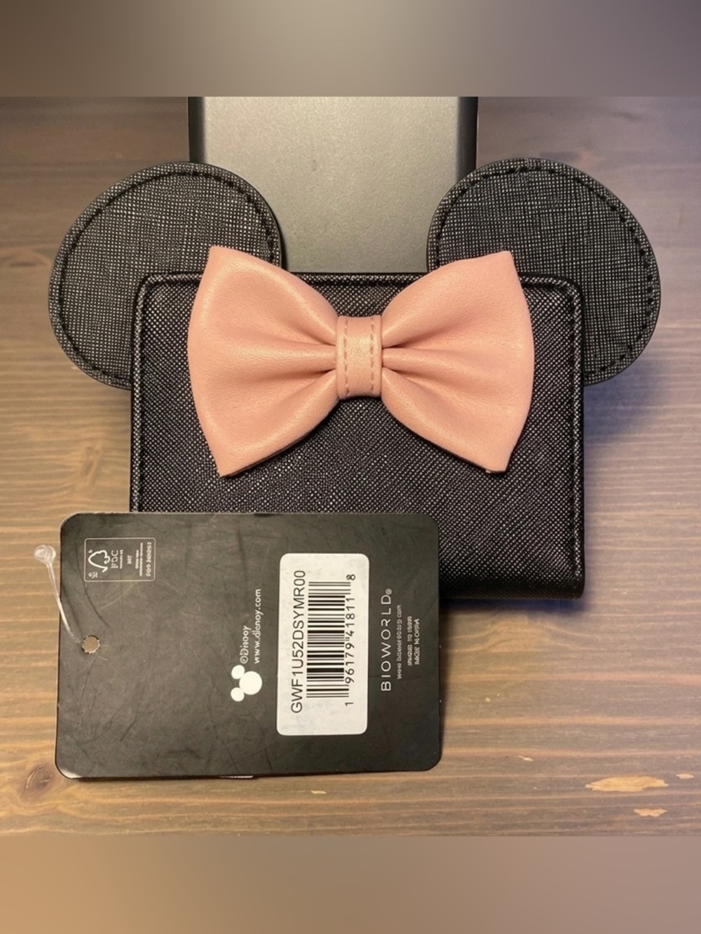 Disney Bioworld Minnie Mouse Card Holder Wallet Faux Leather Black Pink NWT